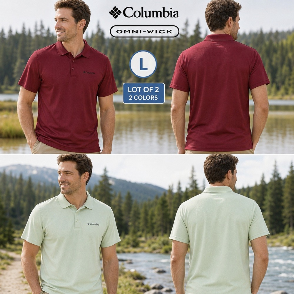 Lot of 2 Columbia Mens Omni-Wick Performance Polo Shirts Burgundy Green AM0126 L
